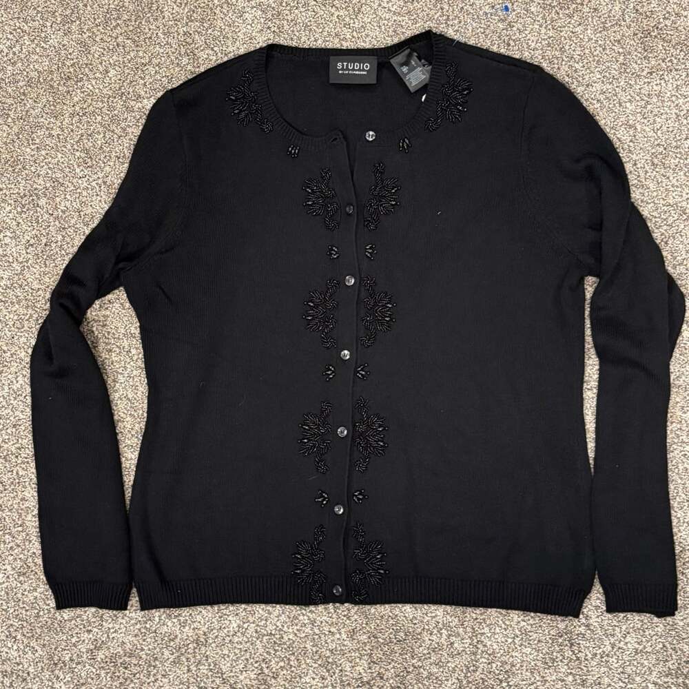 Studio by Liz Claiborne Black Beaded Cardigan Sweater Size M